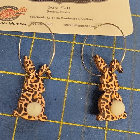 Leopard Bunny w White Tail 2.5" Earrings Easter Spring Rabbit - Picture 1 of 2